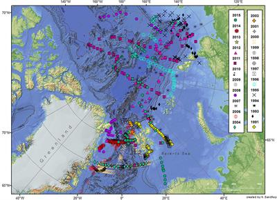 Summertime Chlorophyll a and Particulate Organic Carbon Standing Stocks in Surface Waters of the Fram Strait and the Arctic Ocean (1991–2015)